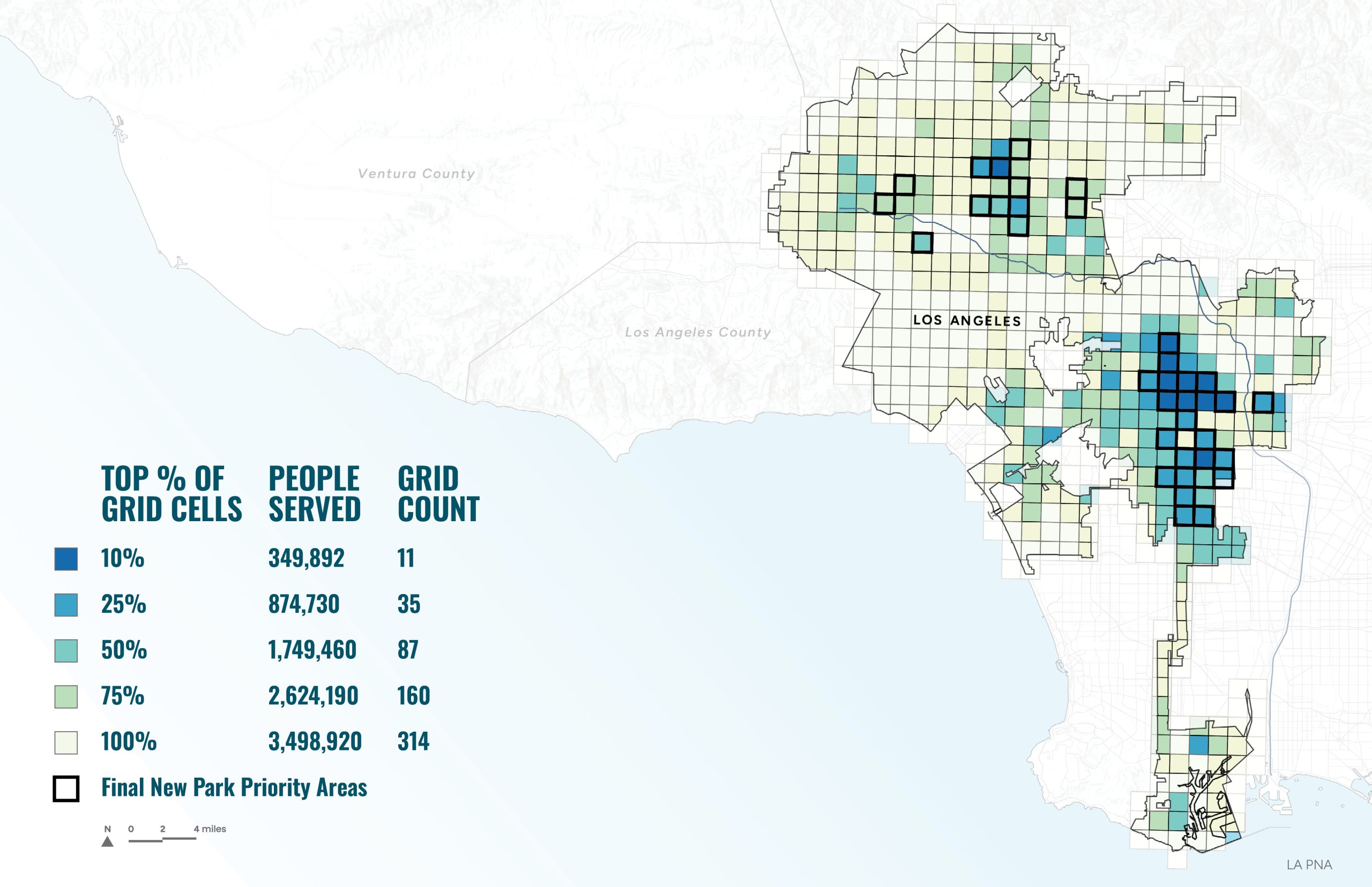 Pixelated map of the City of LA park supply; dark blue squares indicate the most people with fewer park acres.