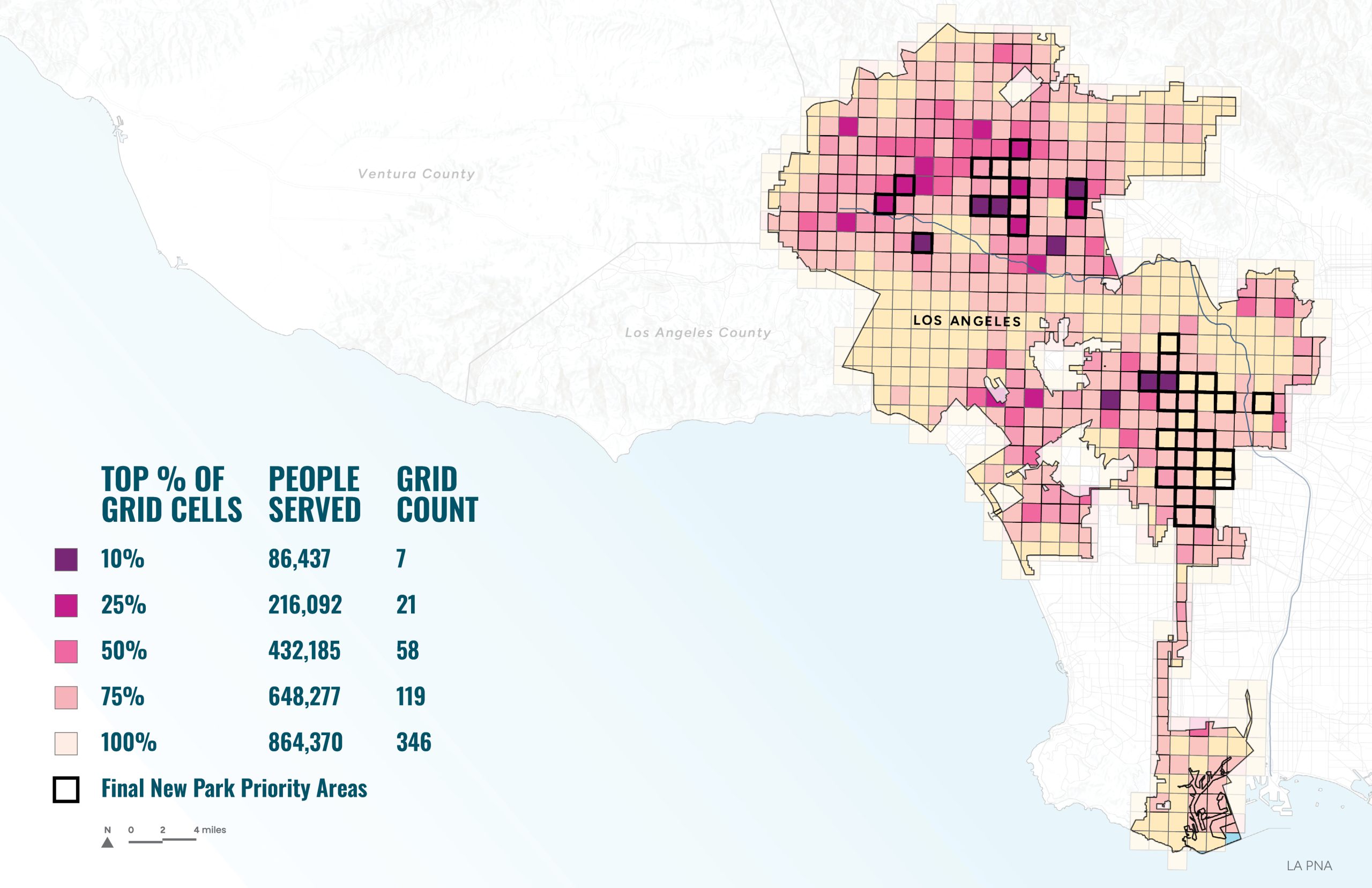 Pixelated map of the City of LA showing park access; dark squares indicate the highest percentage of people without access.