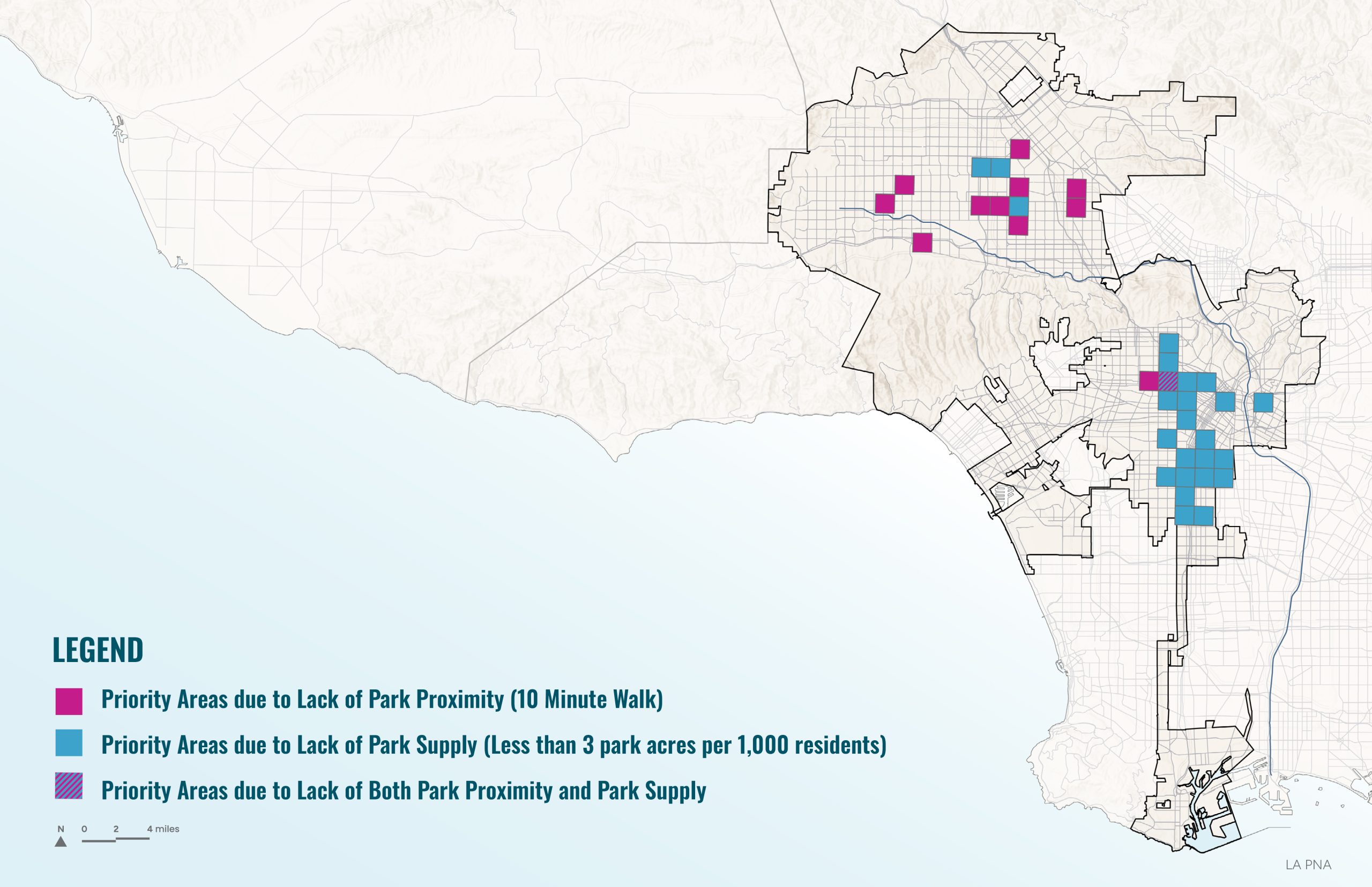 Pixelated map of LA showing new park priority areas in distinct blocks of blue and magenta/purple.