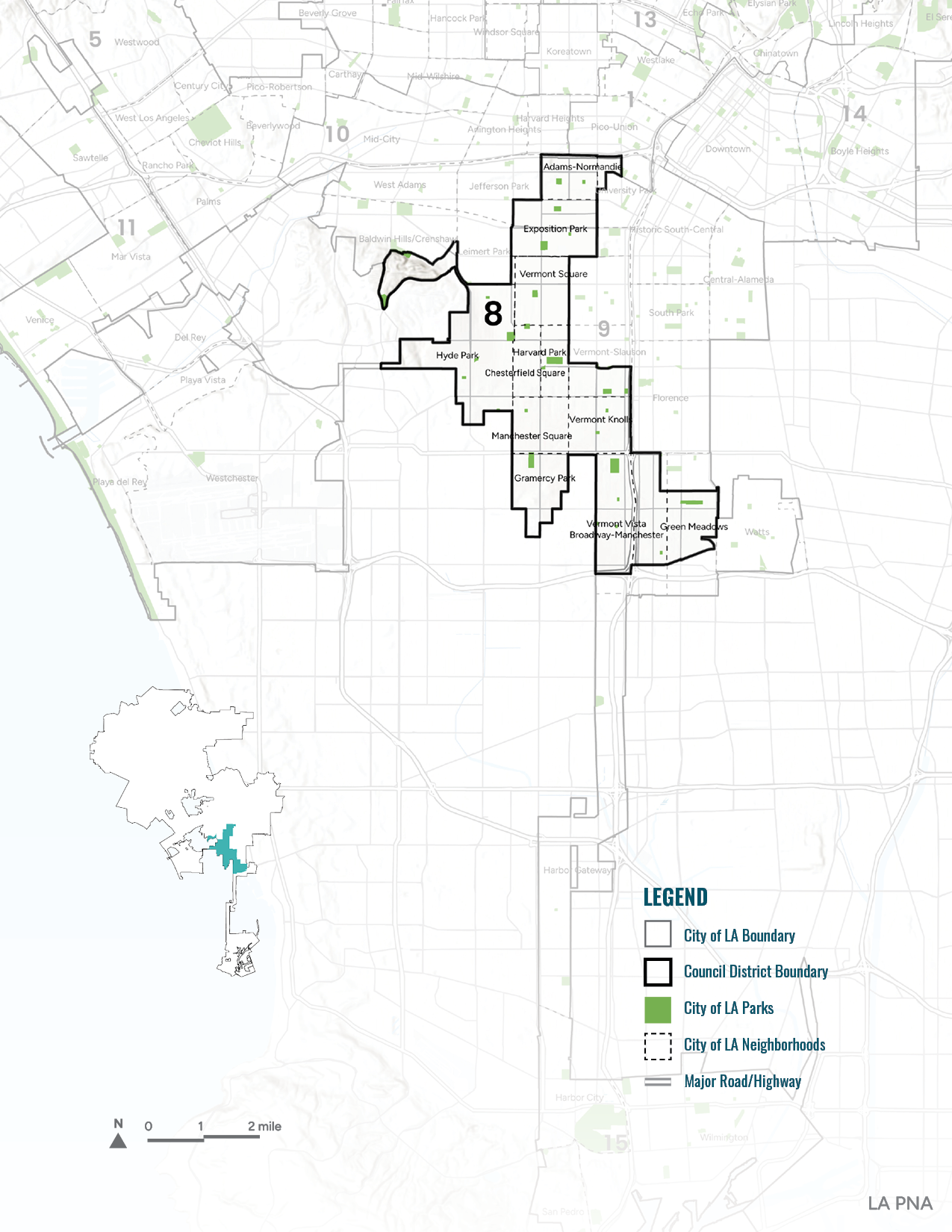 A map showing the boundary of Council District 8 in South LA.