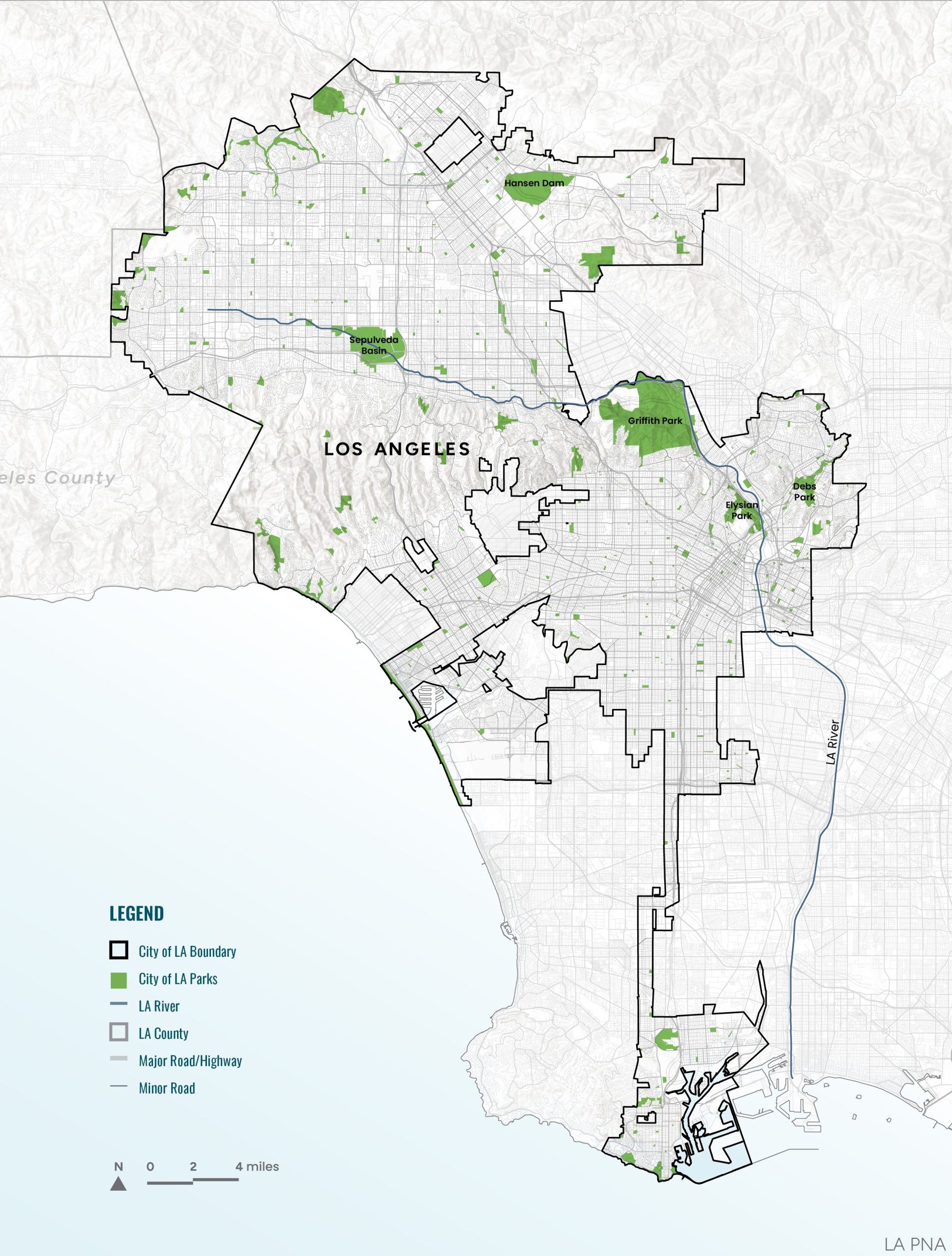 A map of the City of LA showing city parks in green on top of roads, rivers, and topography.
