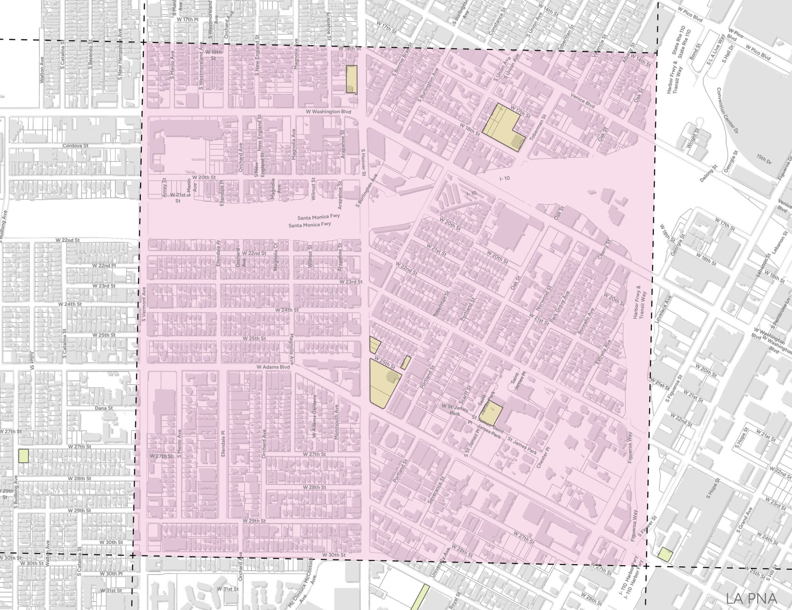 Map highlighting the University Park North area in Los Angeles with a pink square with dashed borders.