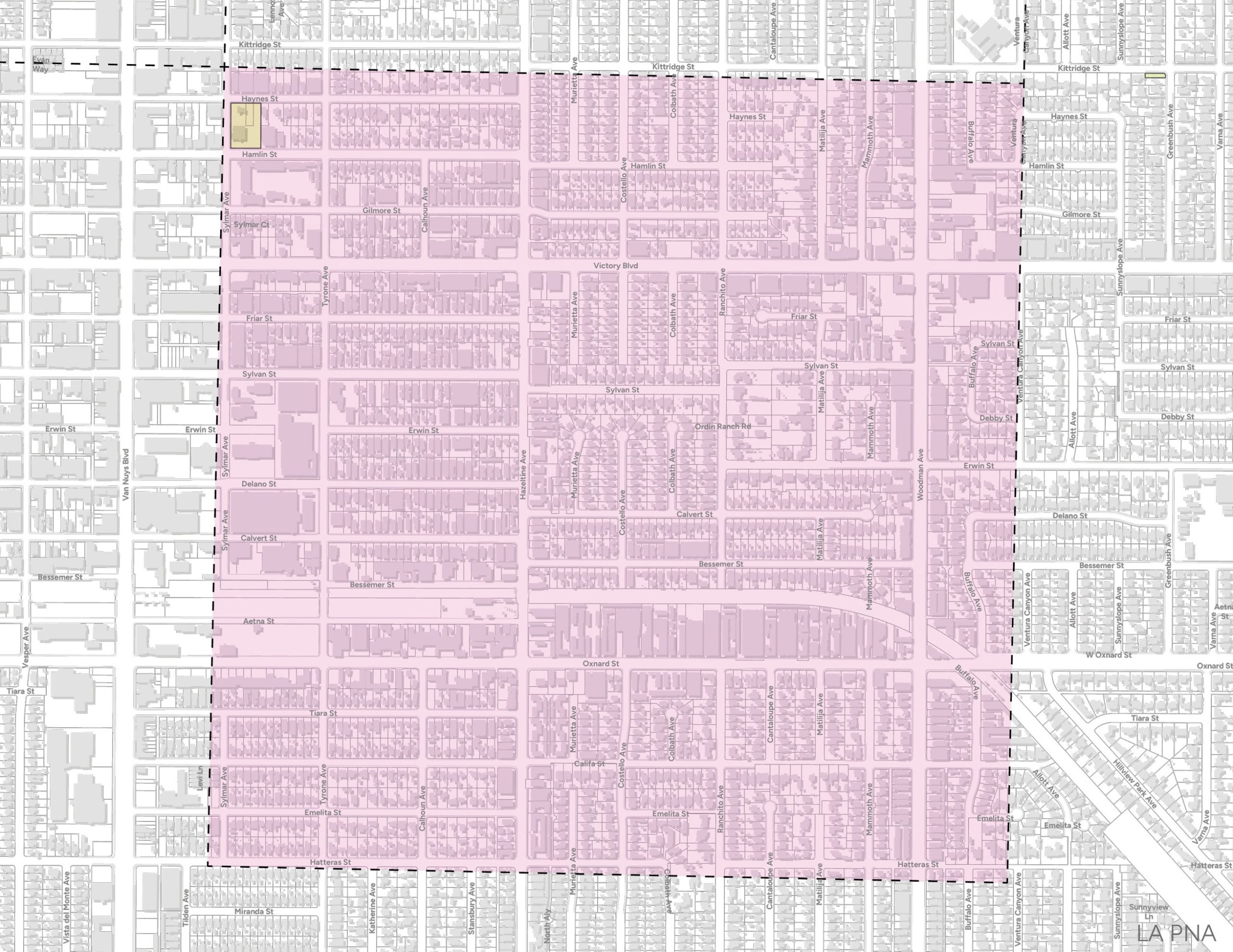 Map highlighting the Van Nuys-Valley Glen area in Los Angeles with a pink square with dashed borders.