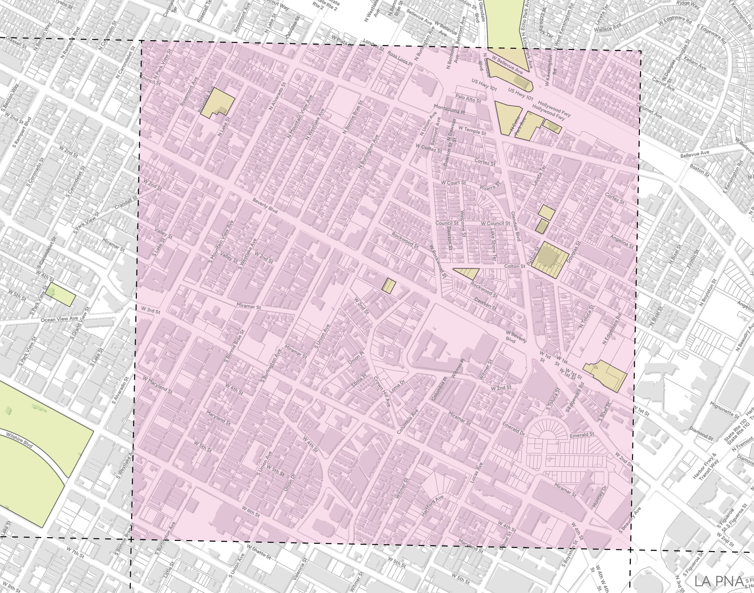 Map highlighting the Westlake area in Los Angeles with a pink square with dashed borders.