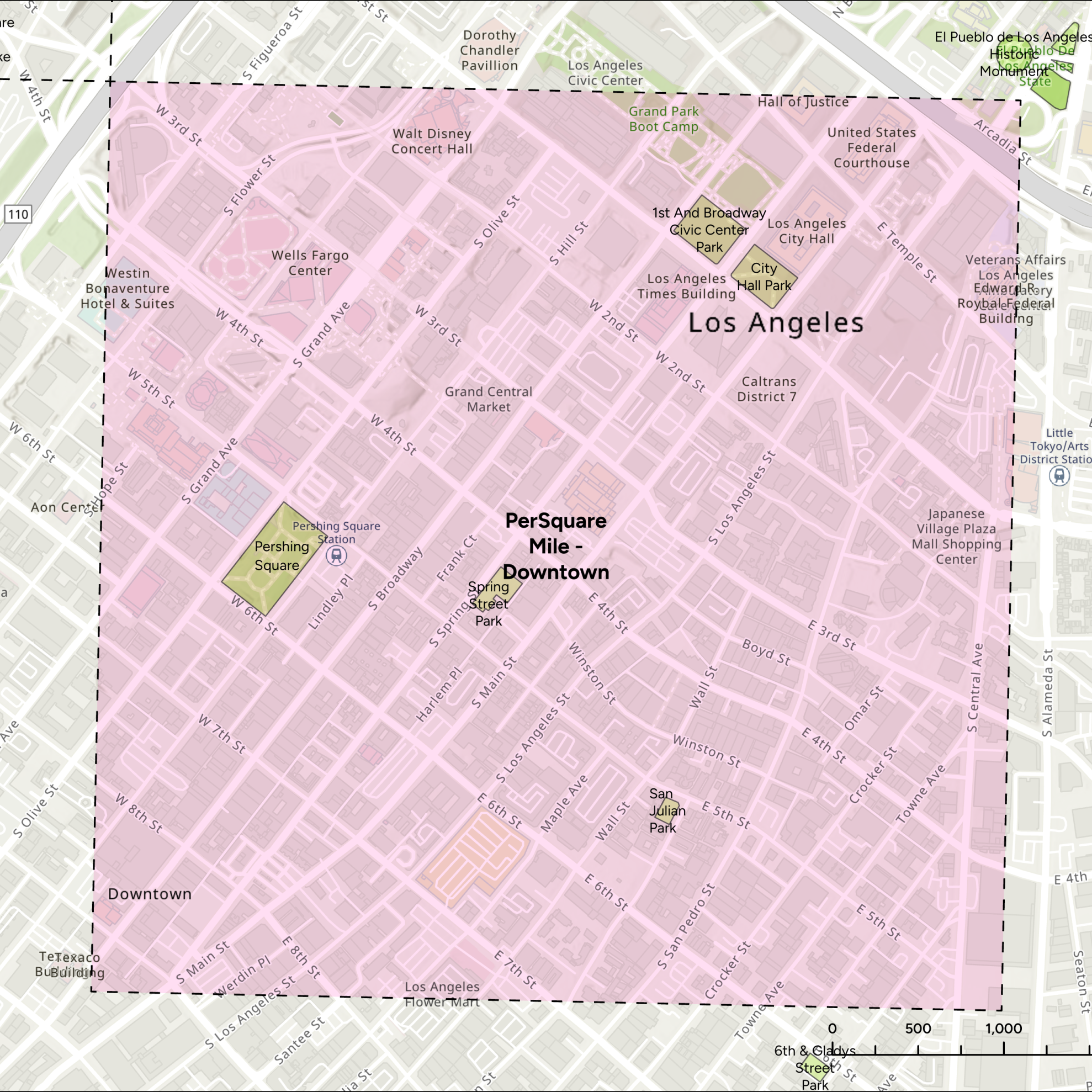 Map highlighting the Downtown Los Angeles area in Los Angeles with a pink square with dashed borders that reads "PerSquare Mile - Downtown."