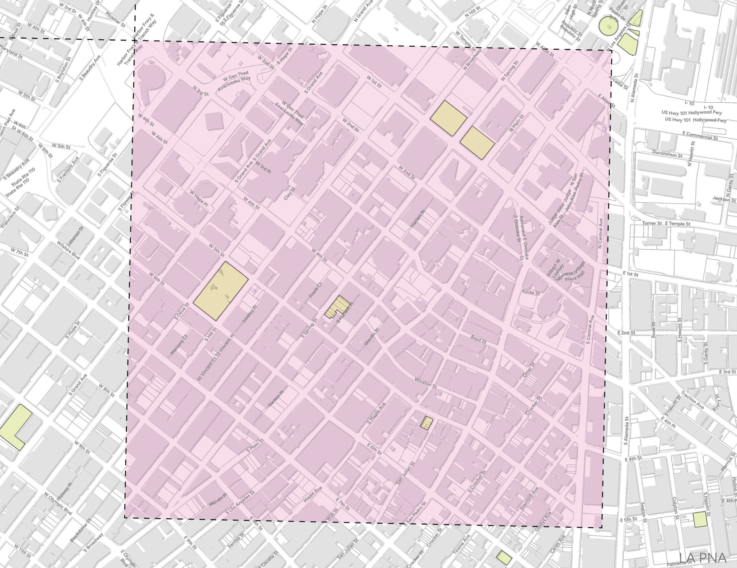 Map highlighting the Downtown Los Angeles area in Los Angeles with a pink square with dashed borders.