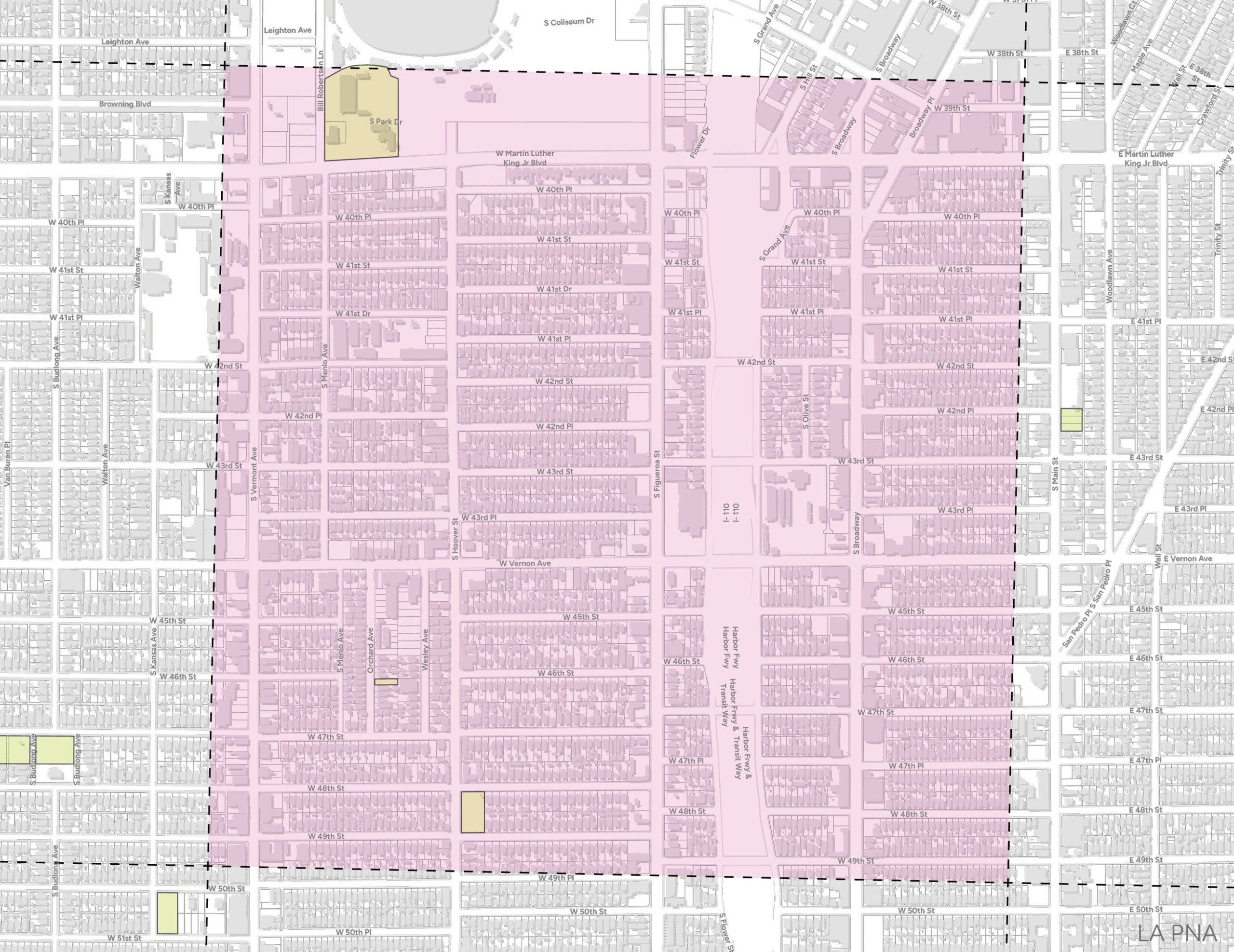 A map showing the PerSquare Mile - East Vermont Square area, highlighted in light pink, near Exposition Park, BMO Stadium, and the 110 freeway.