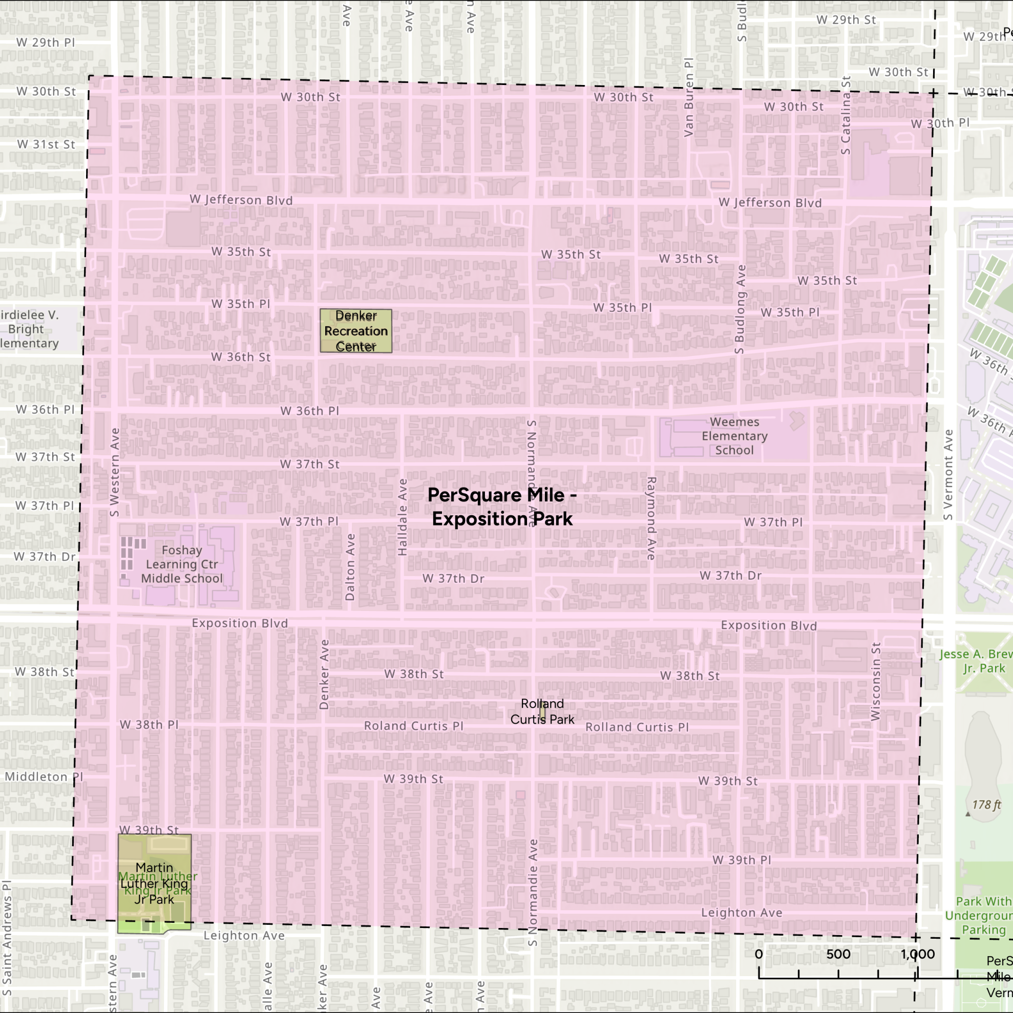 Map highlighting the Exposition Park area in Los Angeles with a pink square with dashed borders that reads "PerSquare Mile - Exposition Park."