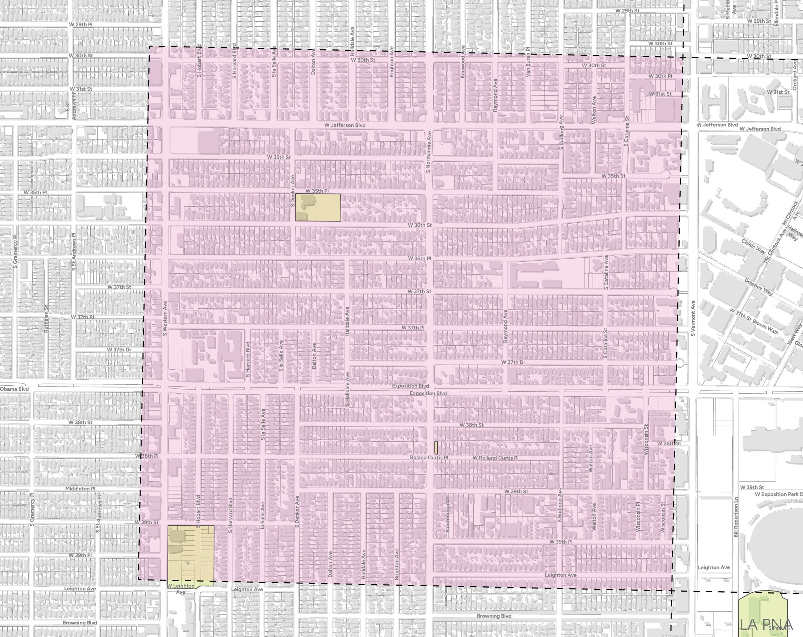 Map highlighting the Exposition Park area in Los Angeles with a pink square with dashed borders.