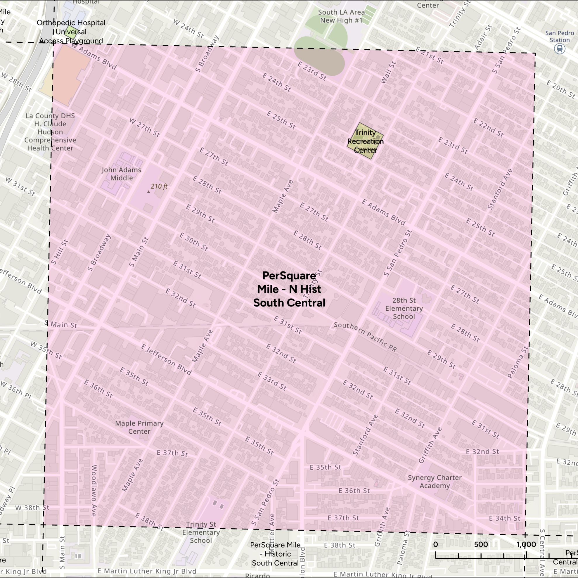 Map highlighting the historical South Central area in Los Angeles with a pink square with dashed borders that reads "PerSquare Mile - N Hist South Central."