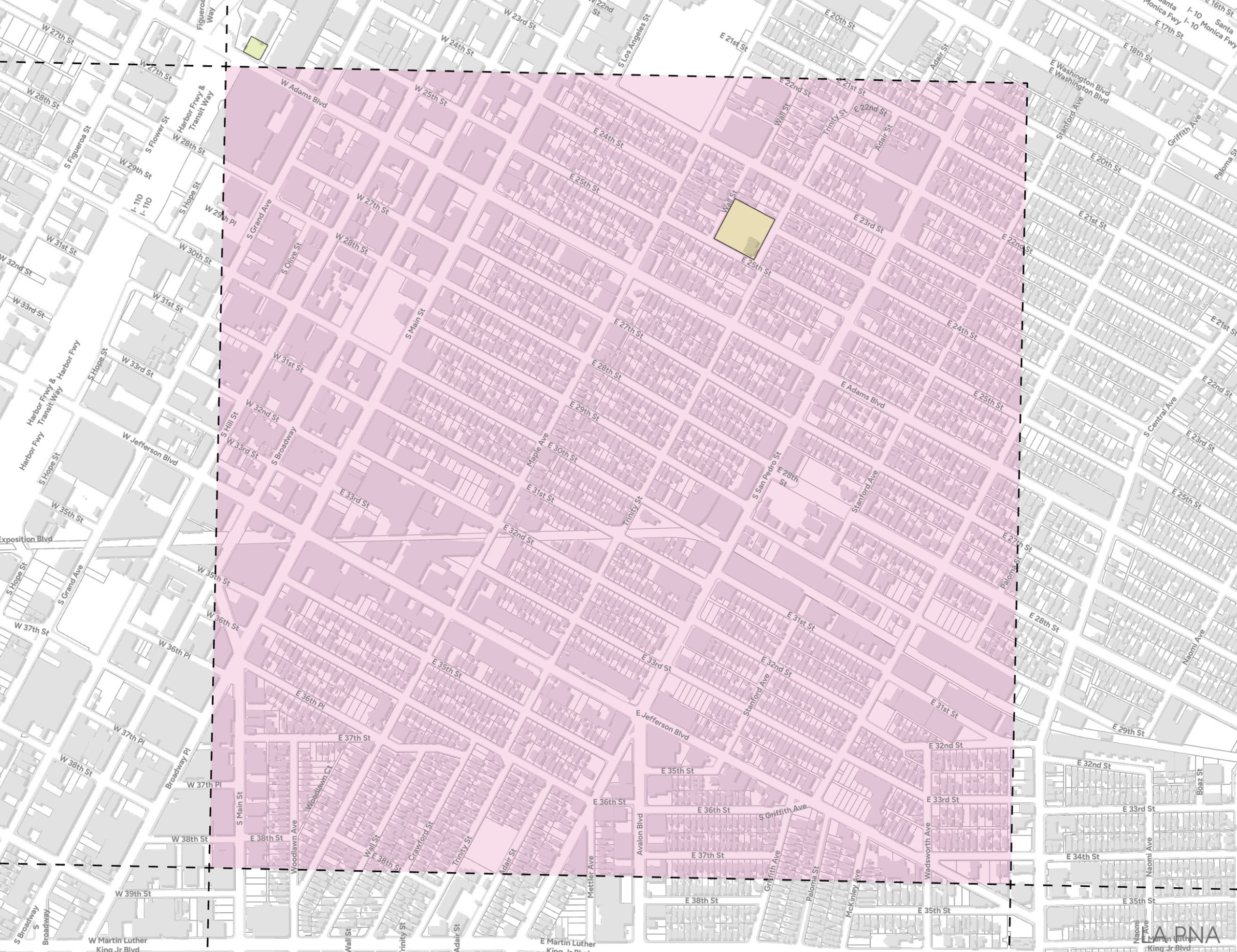 Map highlighting the historical South Central area in Los Angeles with a pink square with dashed borders.