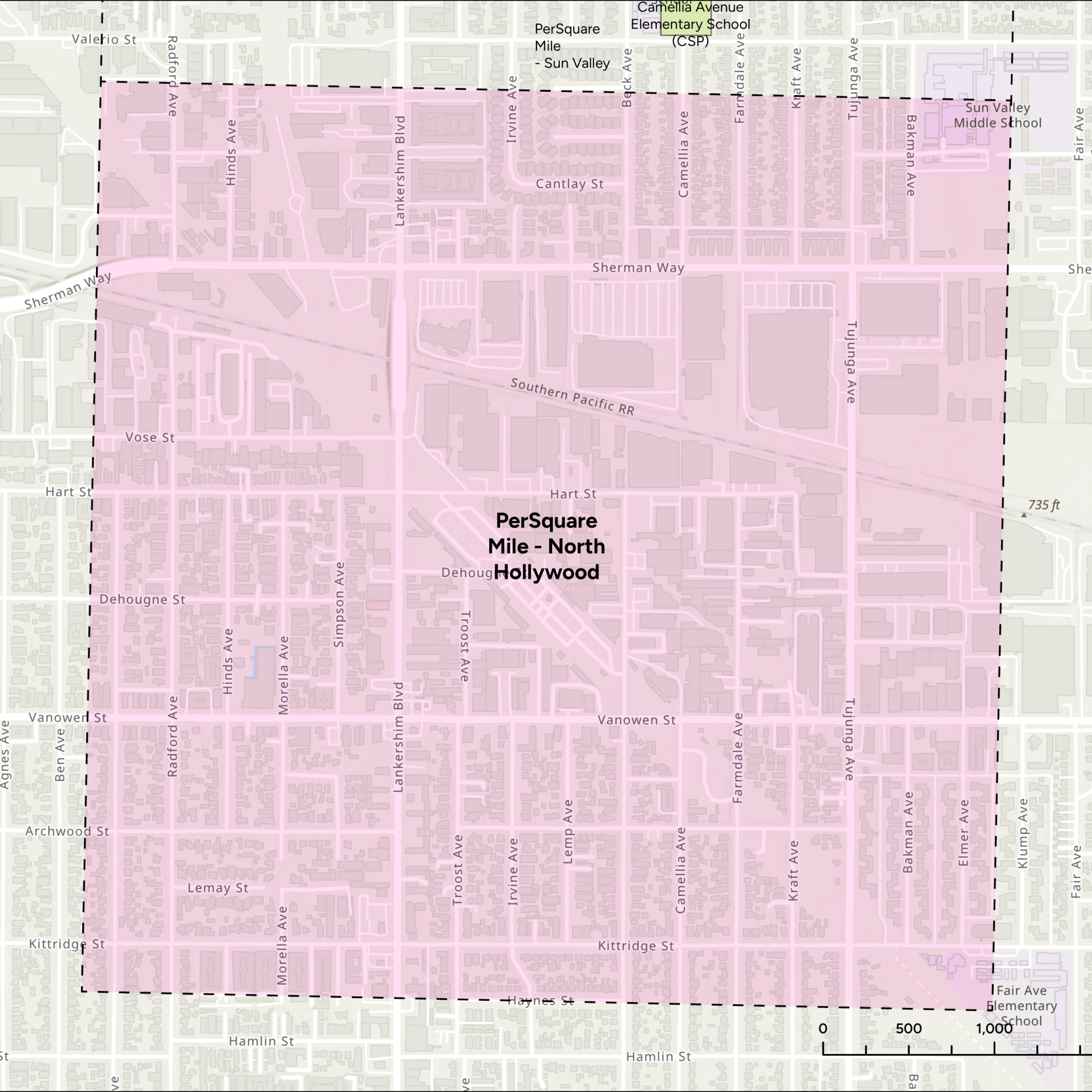 Map highlighting the North Hollywood area in Los Angeles with a pink square with dashed borders that reads "PerSquare Mile - North Hollywood."