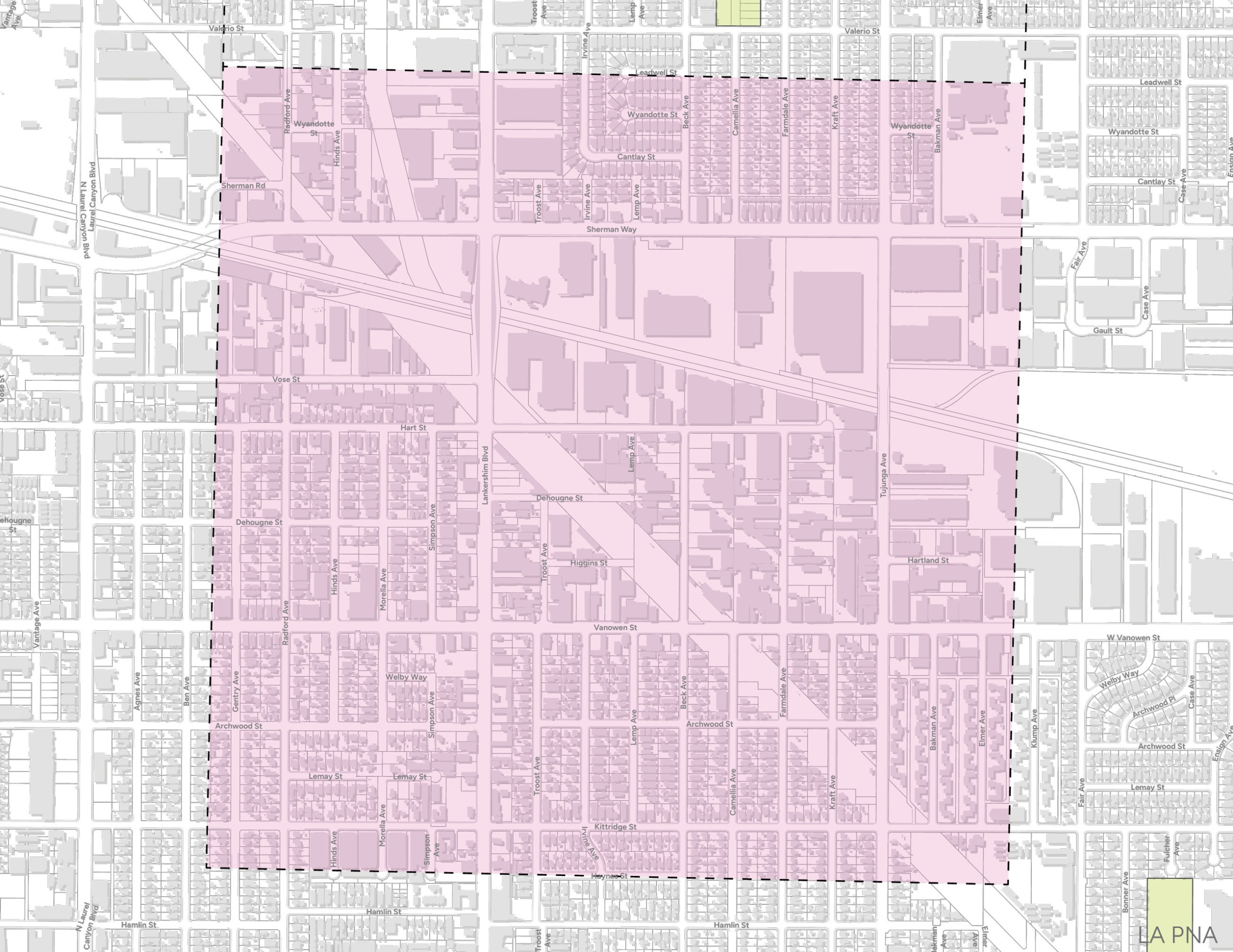 Map highlighting the North Hollywood area in Los Angeles with a pink square with dashed borders.