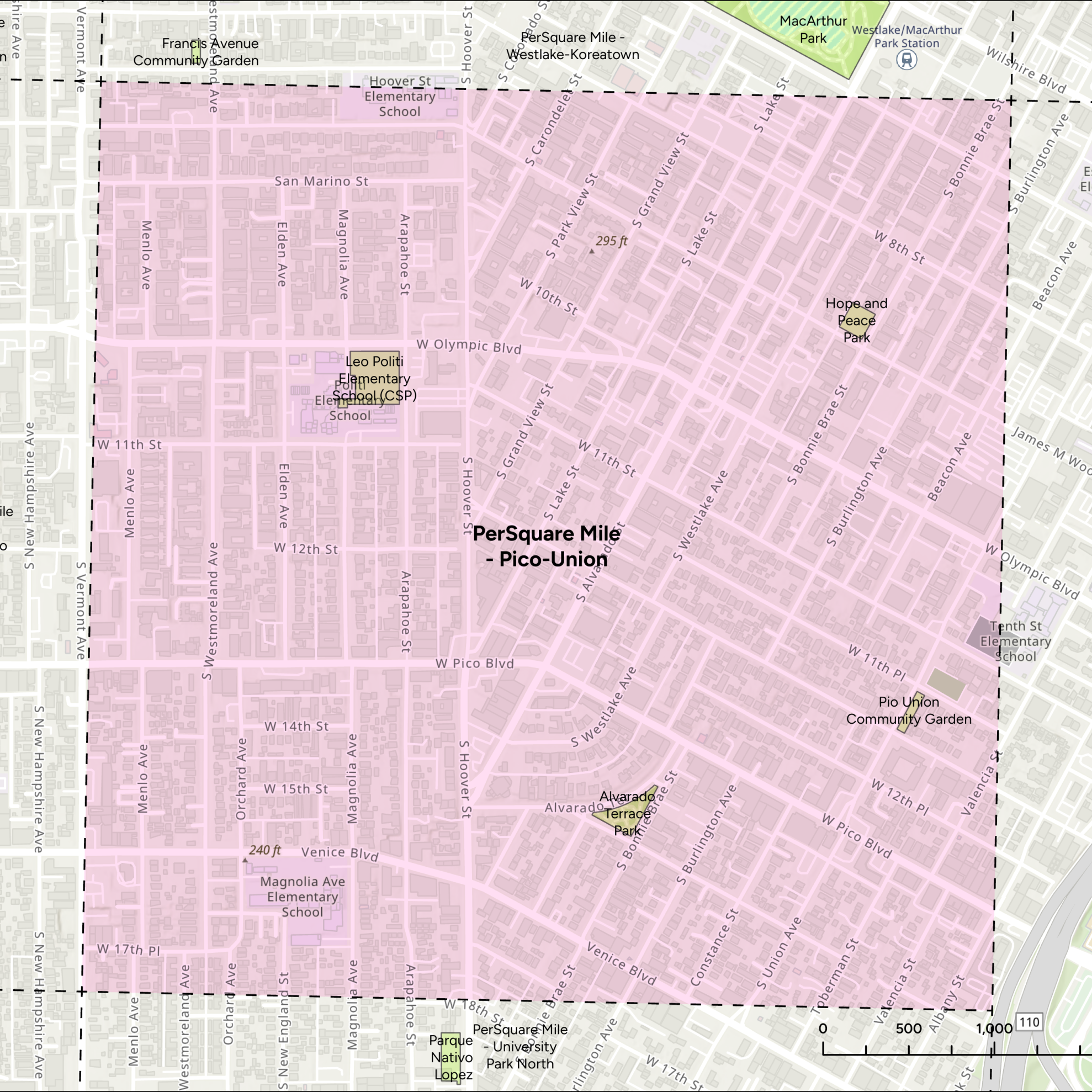 Map highlighting the Pico-Union area in Los Angeles with a pink square with dashed borders that reads "PerSquare Mile - Pico-Union."