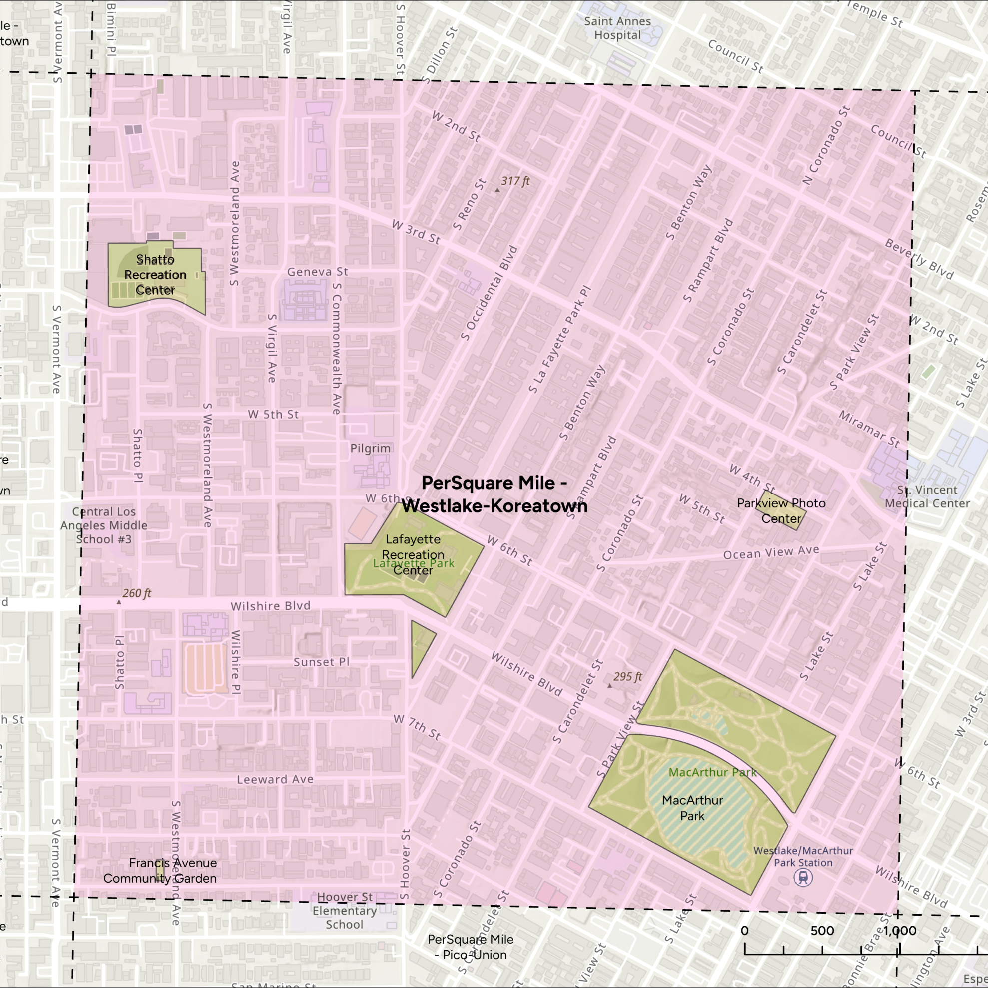 Map highlighting the Westlake-Koreatown area in Los Angeles with a pink square with dashed borders that reads "PerSquare Mile - Westlake-Koreatown."