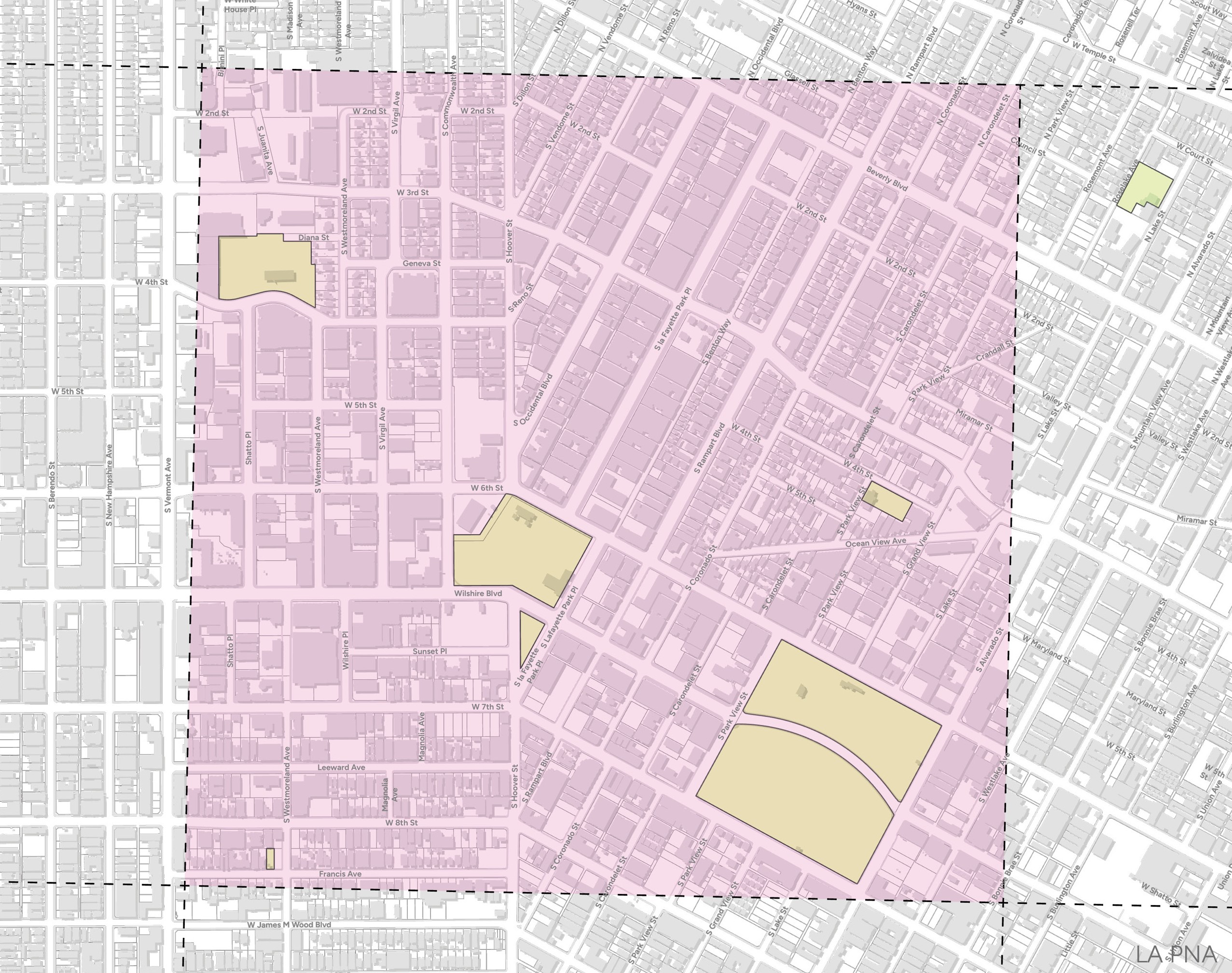 Map highlighting the Westlake-Koreatown area in Los Angeles with a pink square with dashed borders .