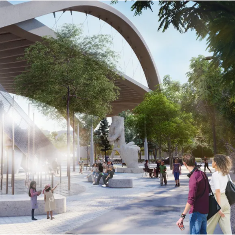 3D-Rendered mock-up of outdoor park space with a large, modern building, trees, and concrete flooring. People are walking around or sitting down on benches.